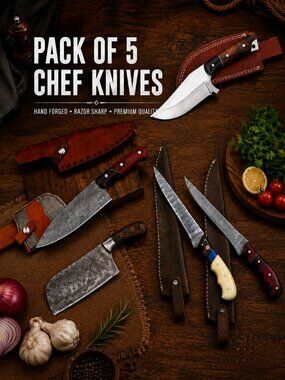 5 Pc Damascus Knife Set Handmade Chef Fillet Cleaver Skinner Kitchen Knives